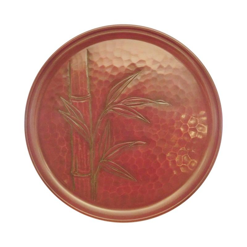 Kamakura-bori round tray 27cm with hand-carved bamboo, urushi lacquer, Sansuido