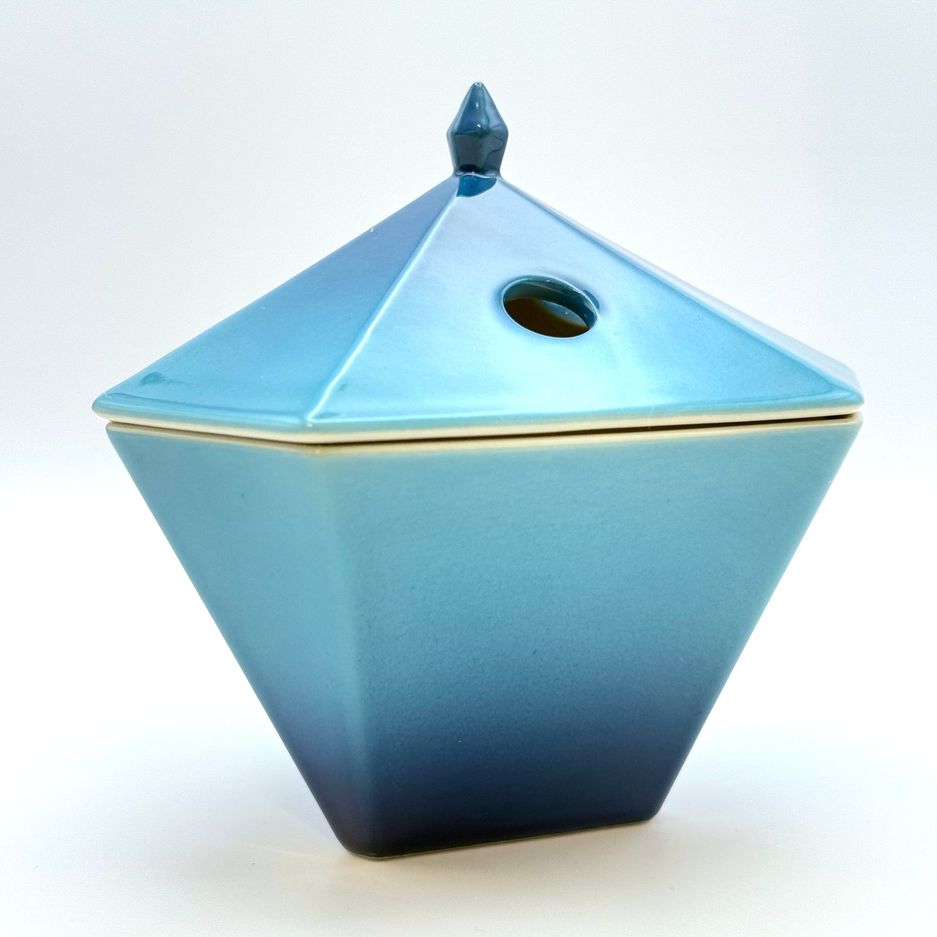 En-Koro Japanese Incense Holder, blue ceramic pyramid form at angle showing side and top