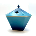 En-Koro Japanese Incense Holder, blue geometric ceramic pyramid with lid, side view