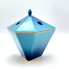 En-Koro Japanese Incense Holder, blue ceramic pyramid showing top with incense holes