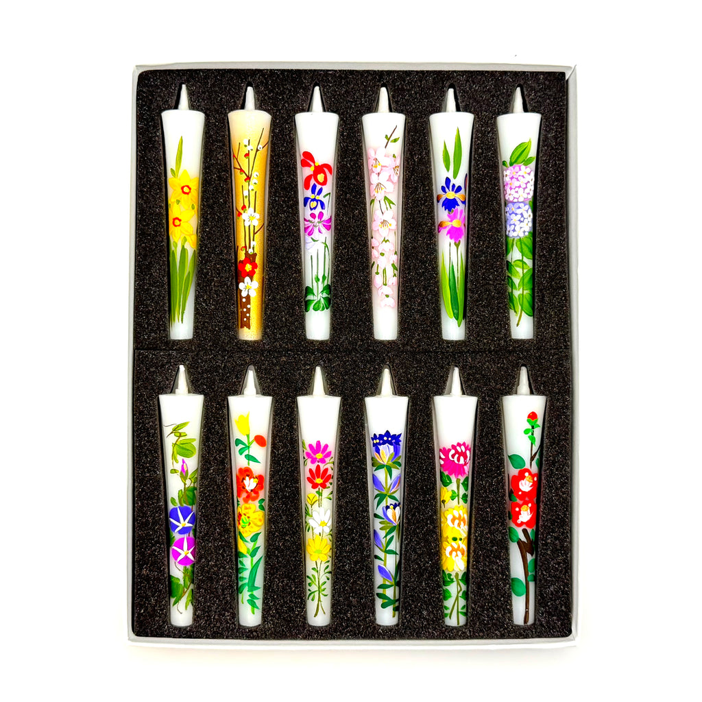 Flower Painted Warosoku Japanese Candles vertical view of 12 painted candles in box