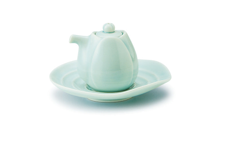 Haas Small Dish in Bluegreen Celadon styled with Haas soy sauce pitcher in matching bluegreen celadon