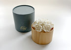 Kaminoka Paper Flower Basket aroma diffuser, hinoki cypress vessel with washi paper flowers and gray gift packaging