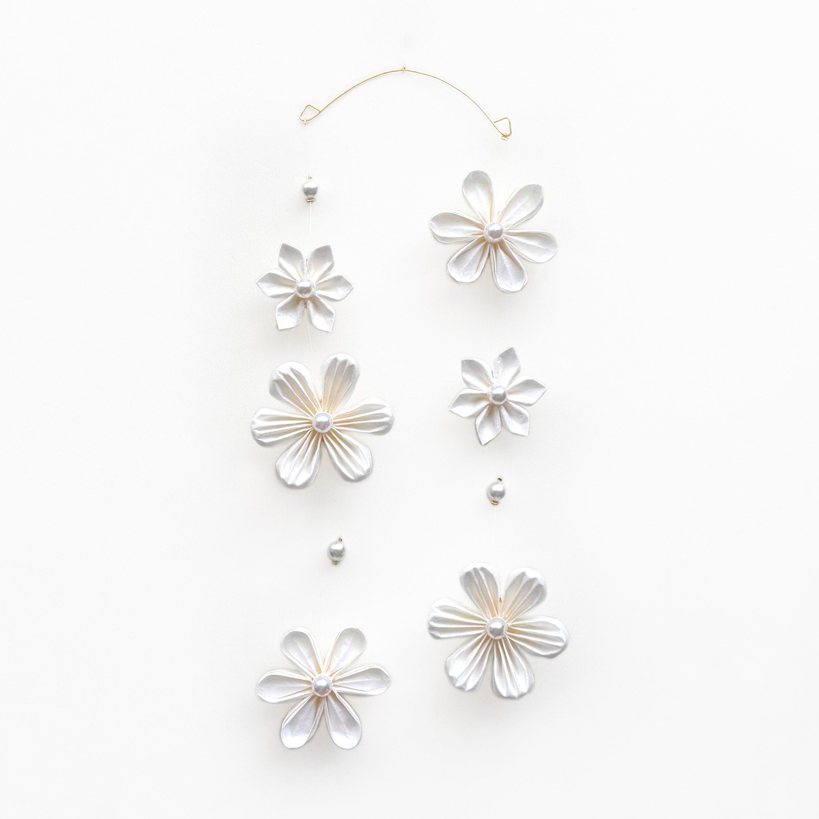 Kaminoka Type B washi paper flower mobile, white folded flowers on brass wire frame
