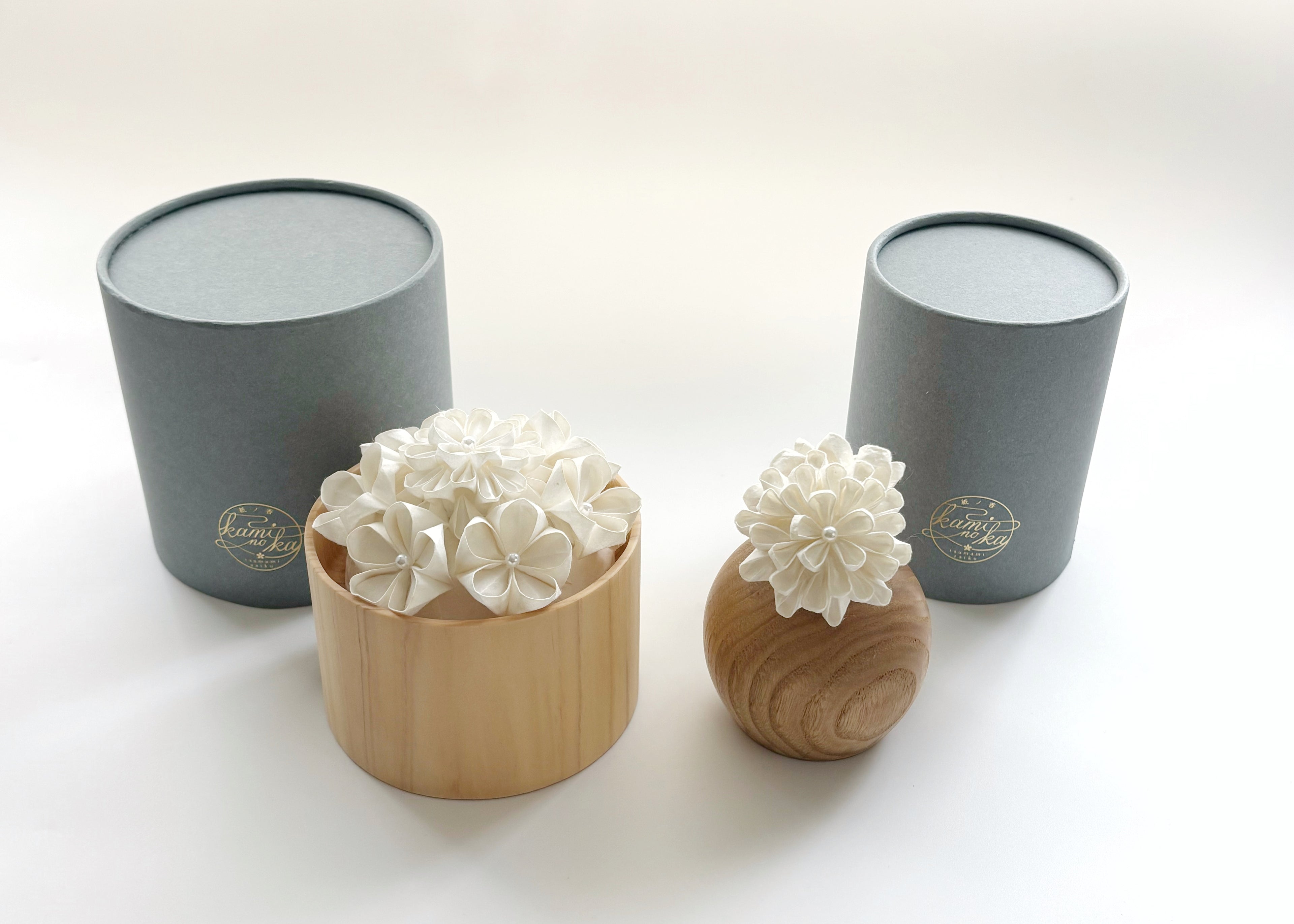 Kaminoka aroma diffuser collection lineup with Paper Flower Basket and Dual Single Flower Vase and gray gift packages