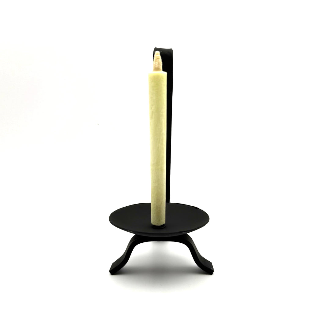 Kamoi Candle Holder front view with Warosoku candle clipped in iron stand