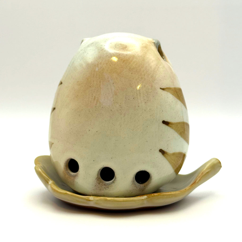 Japanese Owl Incense Stick Stand back view showing incense stick holes and leaf tray