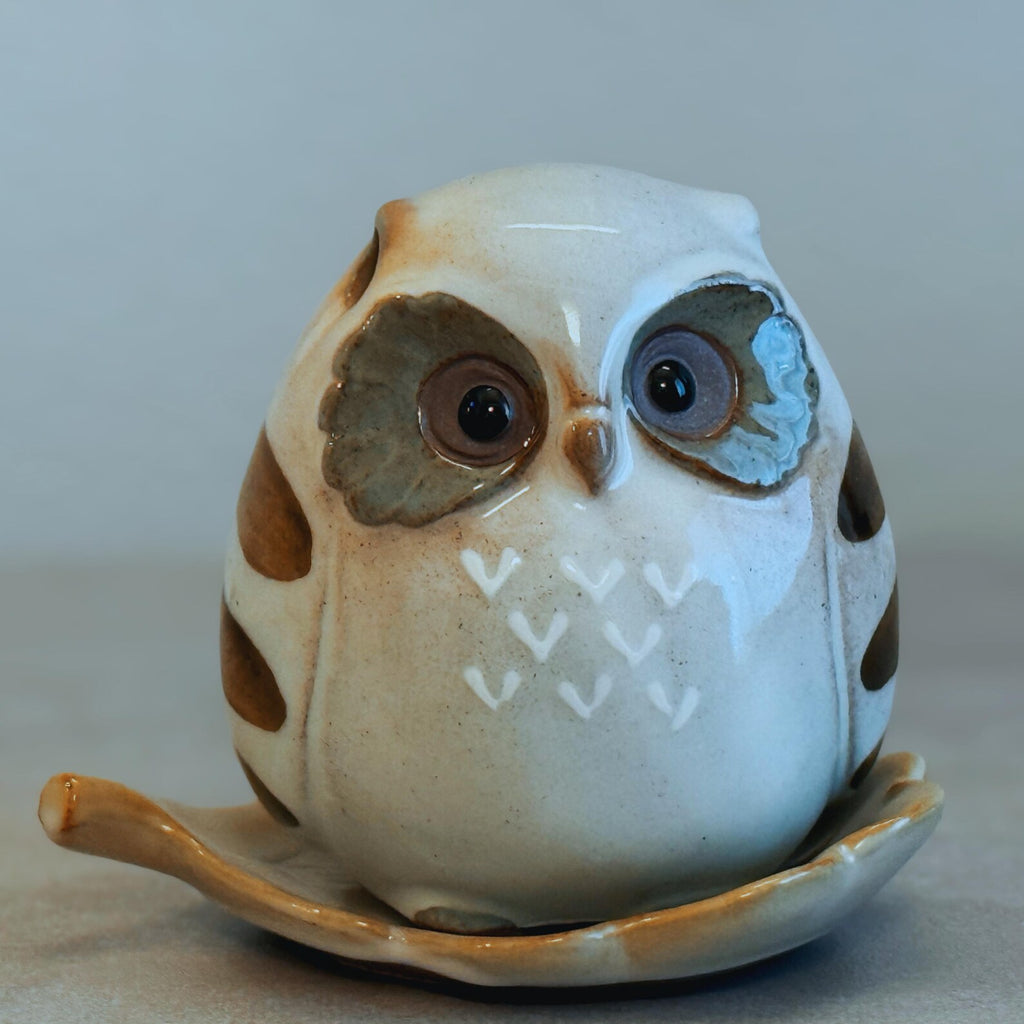 Japanese Owl Incense Stick Stand close-up face detail with leaf tray