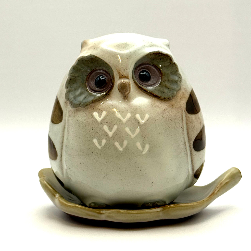 Japanese Owl Incense Stick Stand ceramic figurine on leaf tray, front view