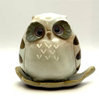Japanese Owl Incense Stick Stand ceramic figurine on leaf tray, front view