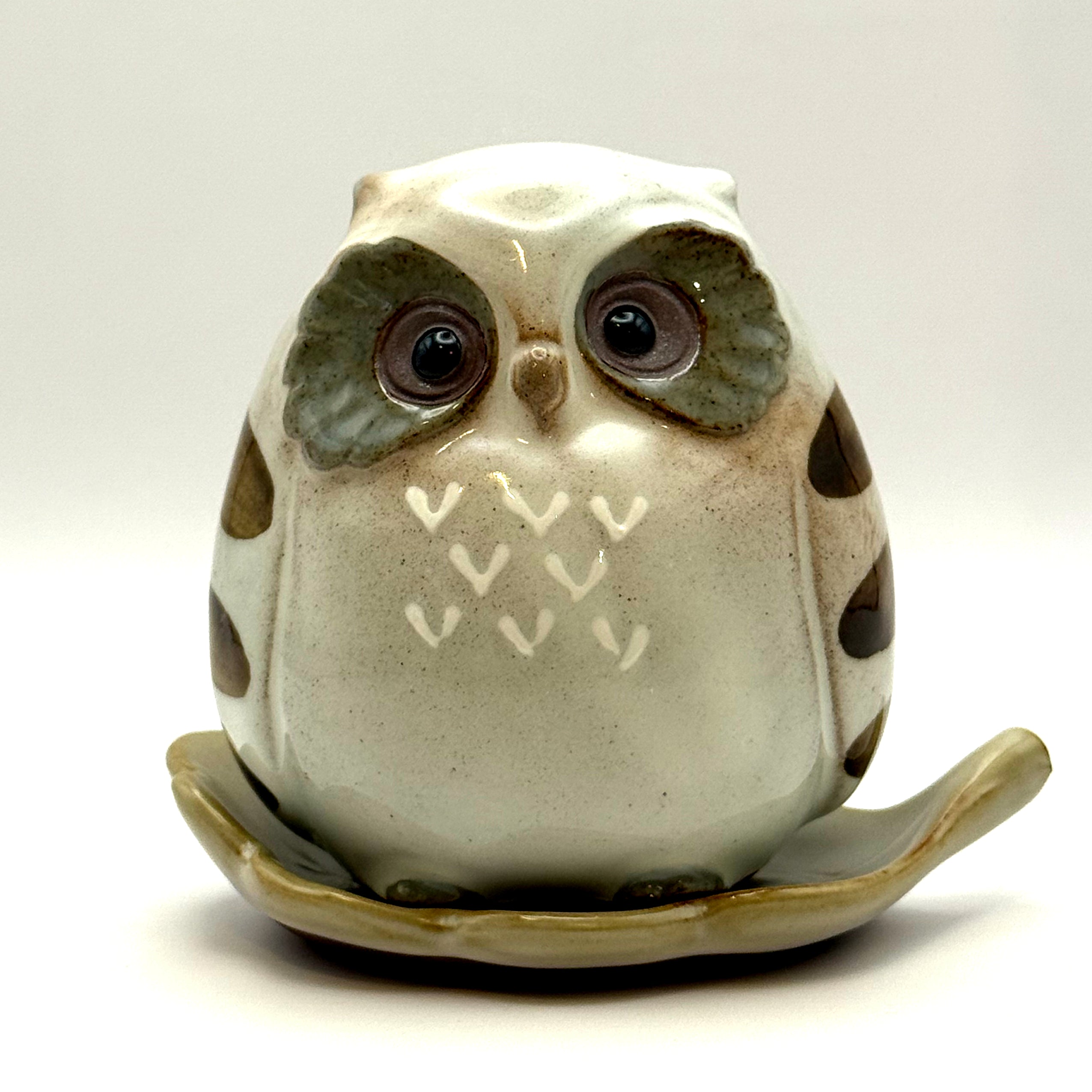 Japanese Owl Incense Stick Stand ceramic figurine on leaf tray, front view