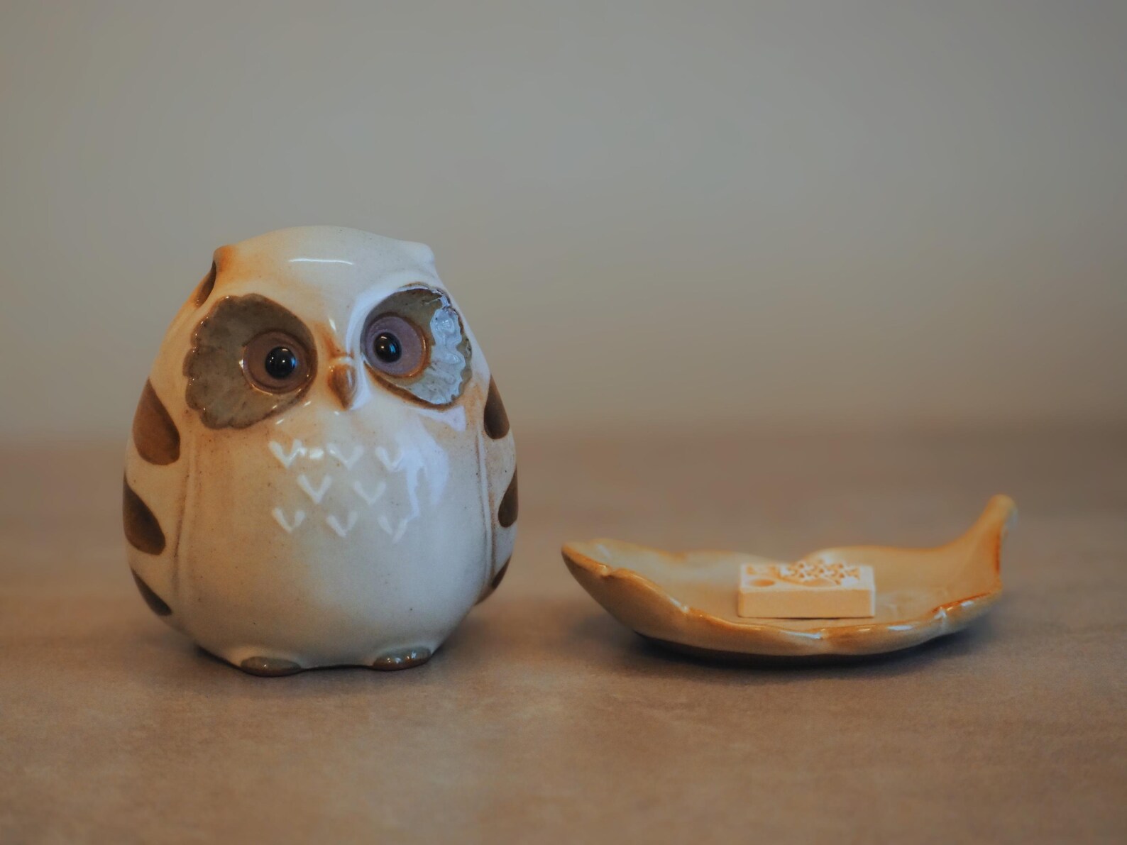 Japanese Owl Incense Stick Stand with separate leaf tray, lifestyle showing both pieces