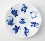 Shichifuku Seven Lucky Gods Saucer in white porcelain with blue Seven Lucky Gods illustrations, top view