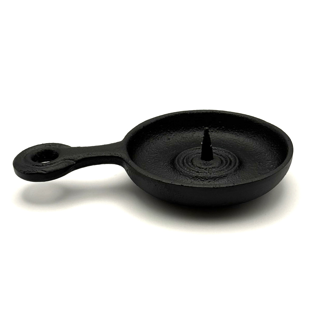 Mini iron candle holder with skillet shape for Warosoku candles, side view