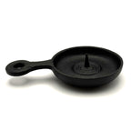 Mini iron candle holder with skillet shape for Warosoku candles, side view