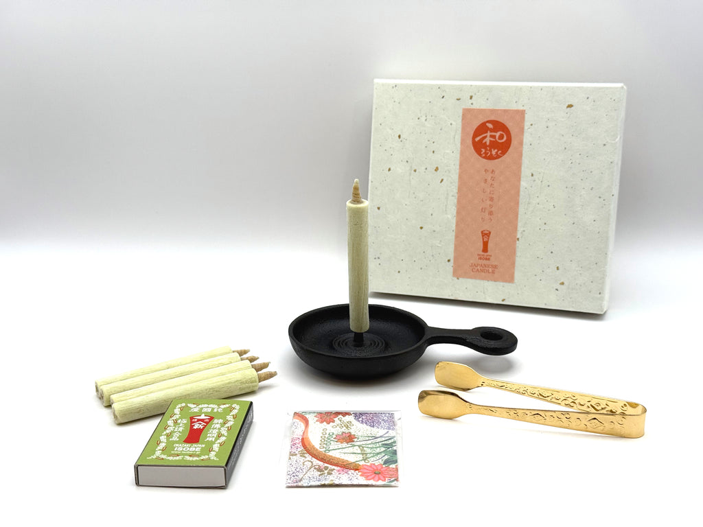 Warosoku Starter Package overview with candles, iron holder, wick trimmer and incense sachet