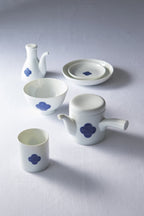 Washokki Complete Collection with blue sometsuke floral swirl pattern, white porcelain tea and dining set