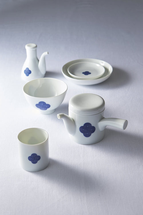 Washokki Complete Collection with blue sometsuke floral swirl pattern, white porcelain tea and dining set
