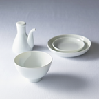 Washokki Dining Set in white porcelain with bowl, stacked plates and soy sauce pitcher, product view