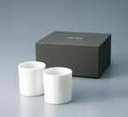 Washokki pair of white porcelain Yunomi teacups with dark gray gift box, packaging view
