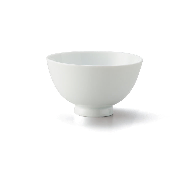Washokki single white porcelain rice bowl with small footed base, side view