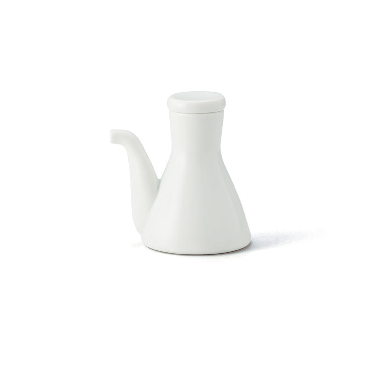 Washokki white porcelain soy sauce pitcher with narrow neck and spout, side view