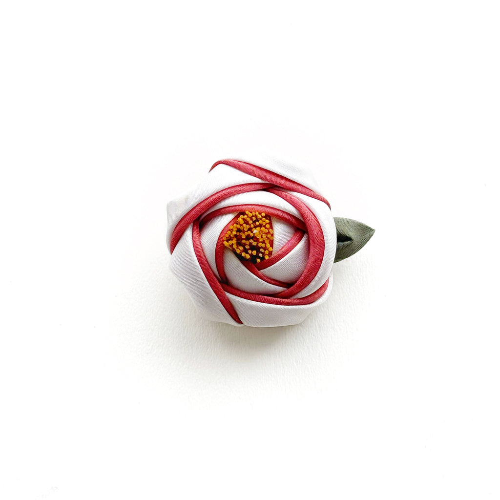Tsumami Zaiku Brooch White & Muted Red – Camellia Japanese Silk Flower Pin