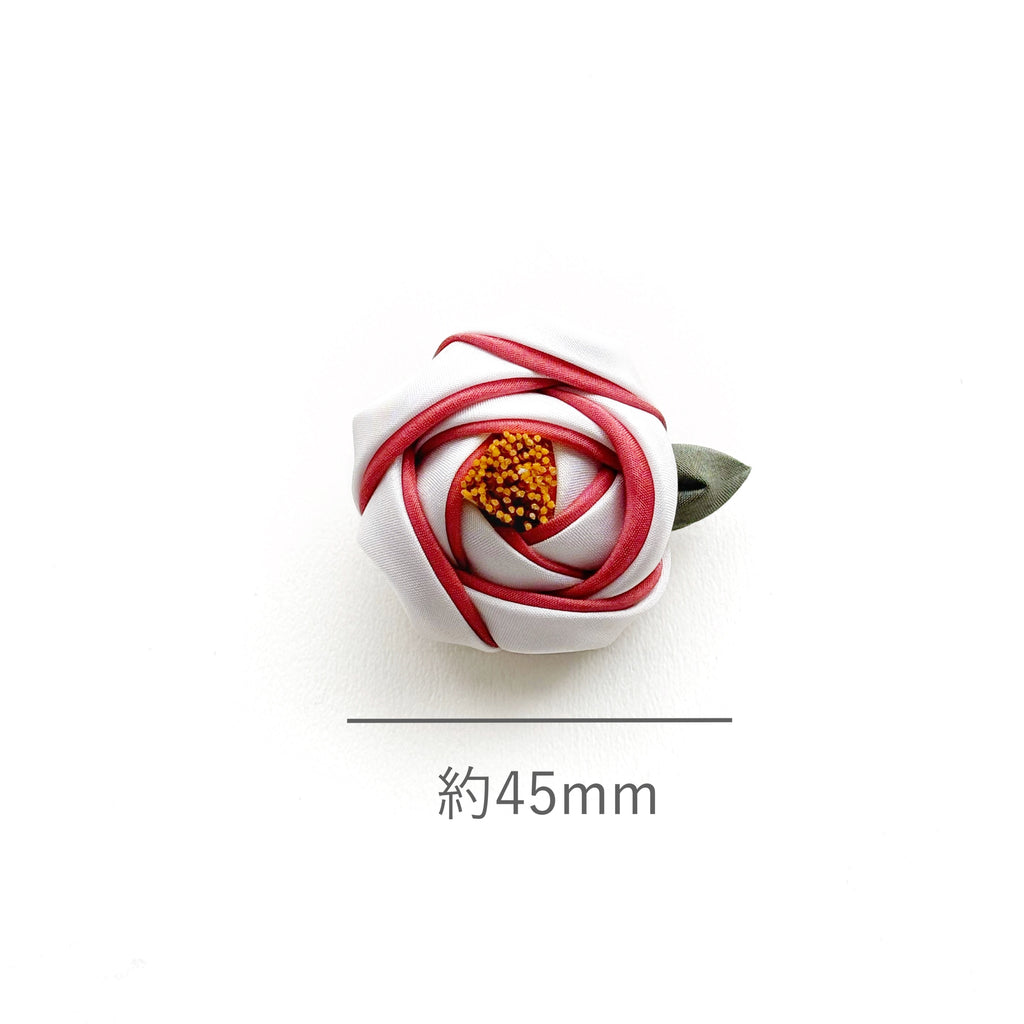 Tsumami Zaiku Brooch White & Muted Red – Camellia Japanese Silk Flower Pin