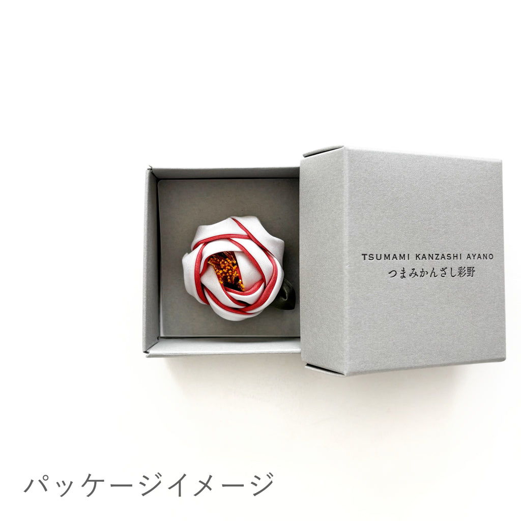 Tsumami Zaiku Brooch White & Muted Red – Camellia Japanese Silk Flower Pin
