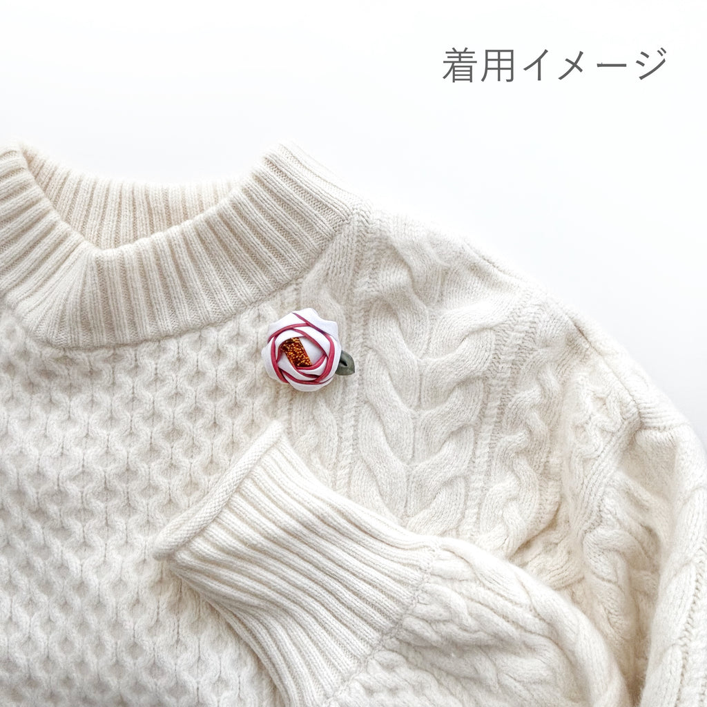 Tsumami Zaiku Brooch White & Muted Red – Camellia Japanese Silk Flower Pin