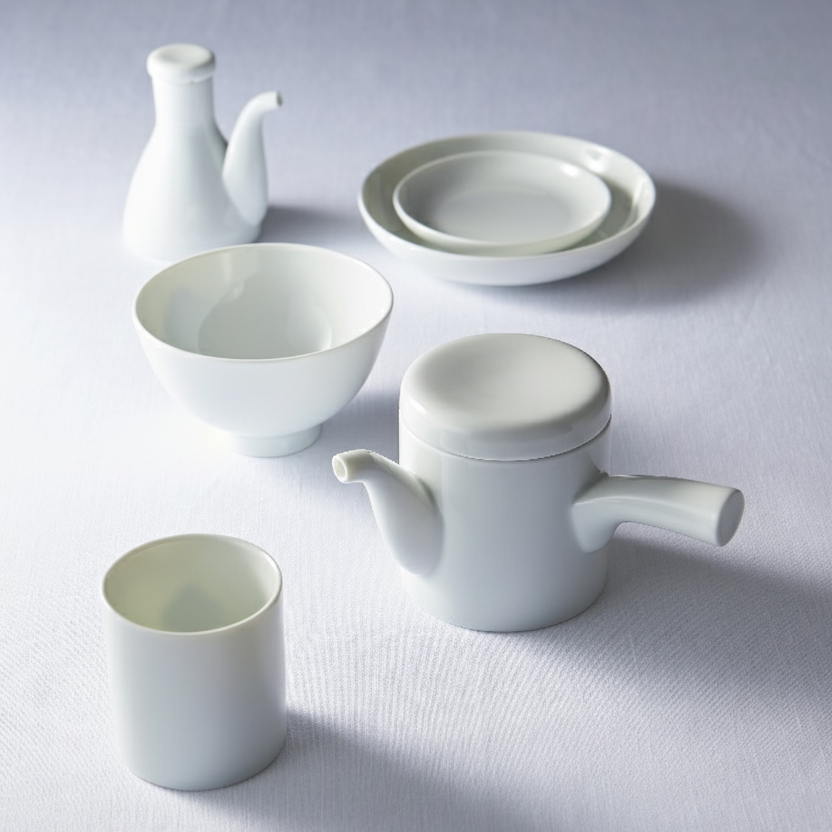 Minimalist **plain white Japanese porcelain dinnerware and tea set** including a teapot, cup, bowl, small pitcher, and stacked plates.