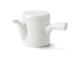 Single white Japanese **porcelain teapot** (kyūsu) with a **modern cylindrical design** and side handle.
