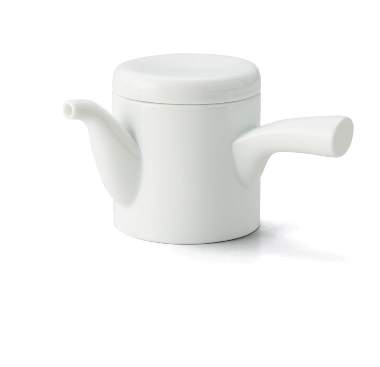 Single white Japanese **porcelain teapot** (kyūsu) with a **modern cylindrical design** and side handle.